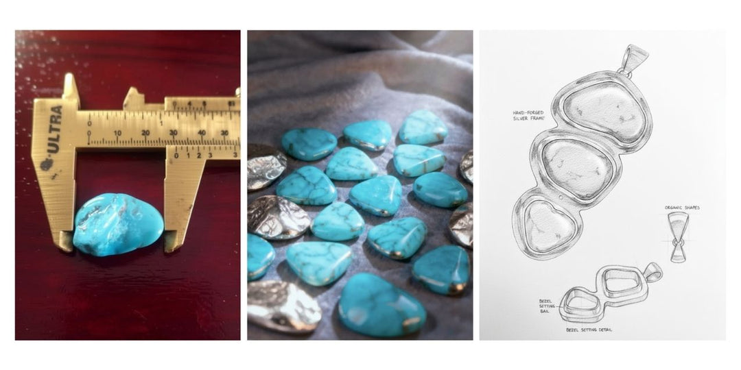 Sleeping Beauty turquoise stones measured, polished, and sketched for handcrafted jewelry designs by Renata Rubio 92.5