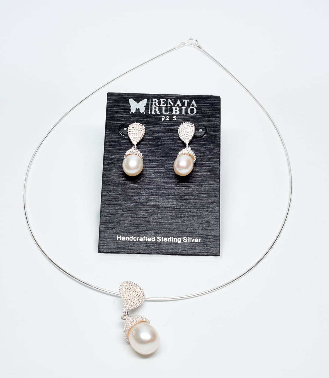Acorn-Shaped Silver Pearl Earrings and Pendant