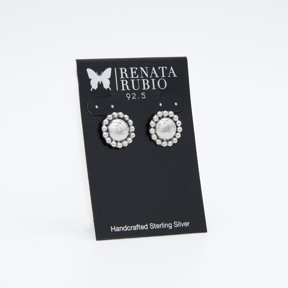 Beaded frame sterling silver post earrings with shiny center and oxidized background by Renata Rubio 92.5