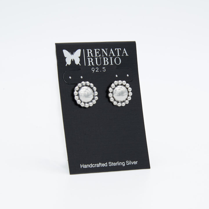 Beaded frame sterling silver post earrings with shiny center and oxidized background by Renata Rubio 92.5