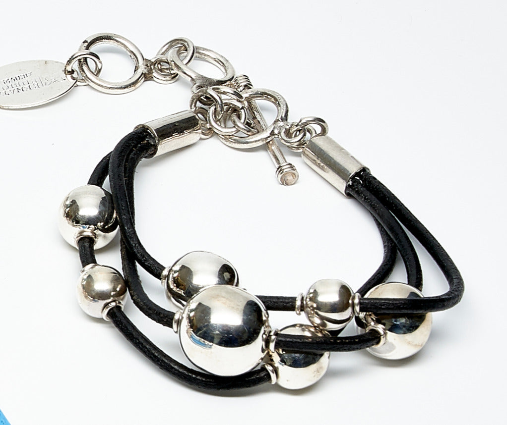 Multi Leather Strand Silver Bead Bracelets Black