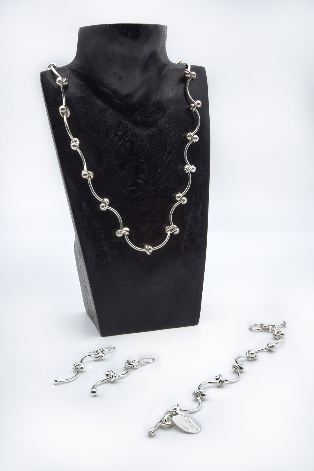 Set of Silver Bone Necklace, Bracelet & Earrings