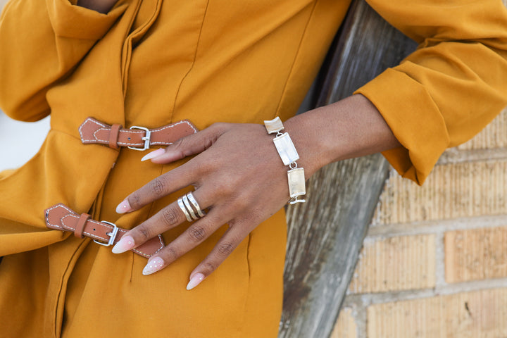 Brushed Silver Rectangle Link Bracelet on Model