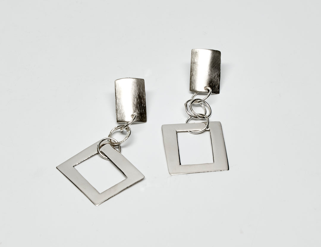 Brushed and Shiny Silver Square Post Earrings - Renata Rubio 92.5 - ESC100