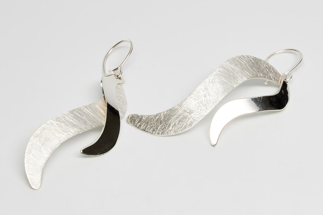 Brushed and Shiny Silver Wavy Earrings by Renata Rubio 92.5 - Two Distinct Finishes in one handmade pair of earrings.