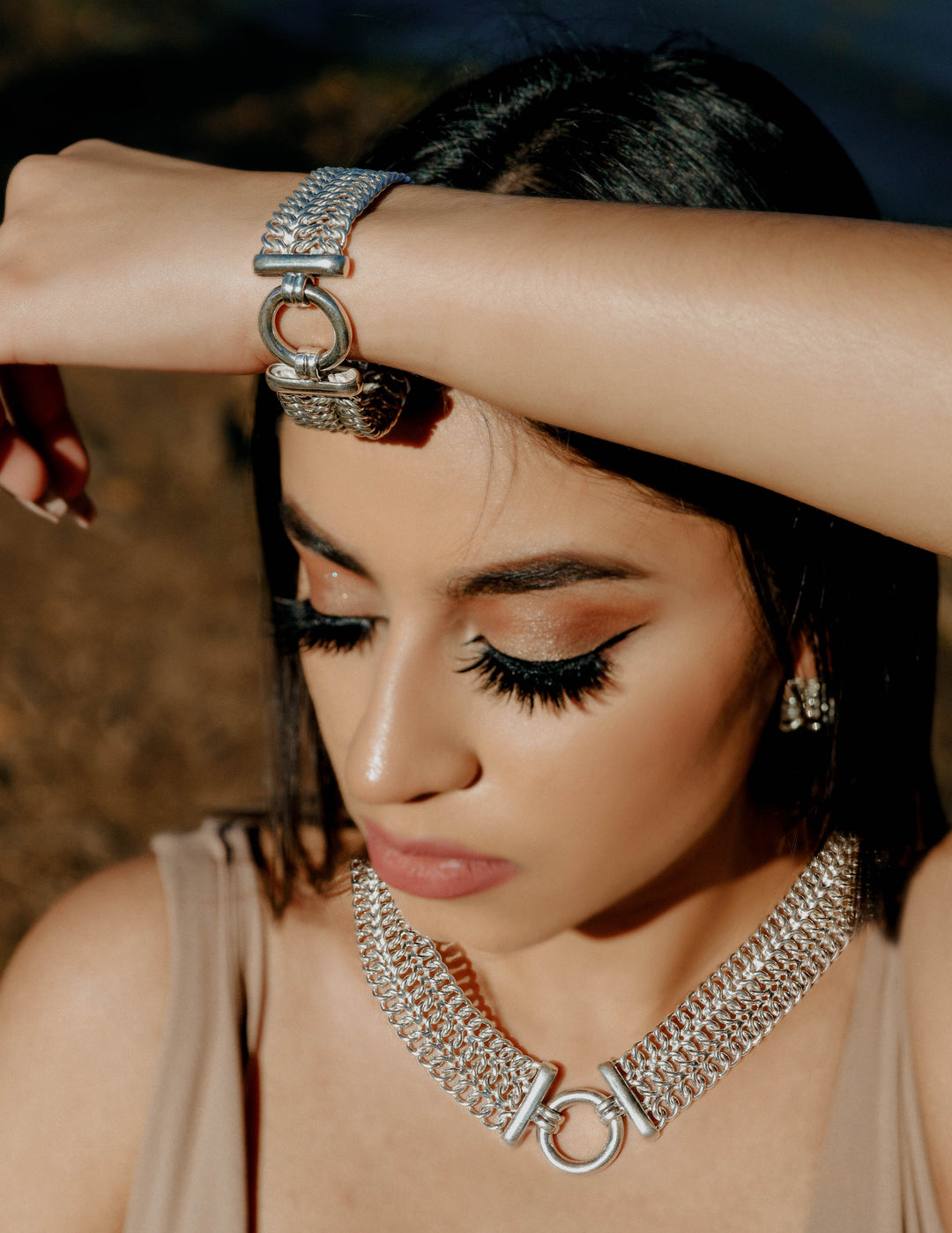 Triple Silver Chain Post Earrings on Model