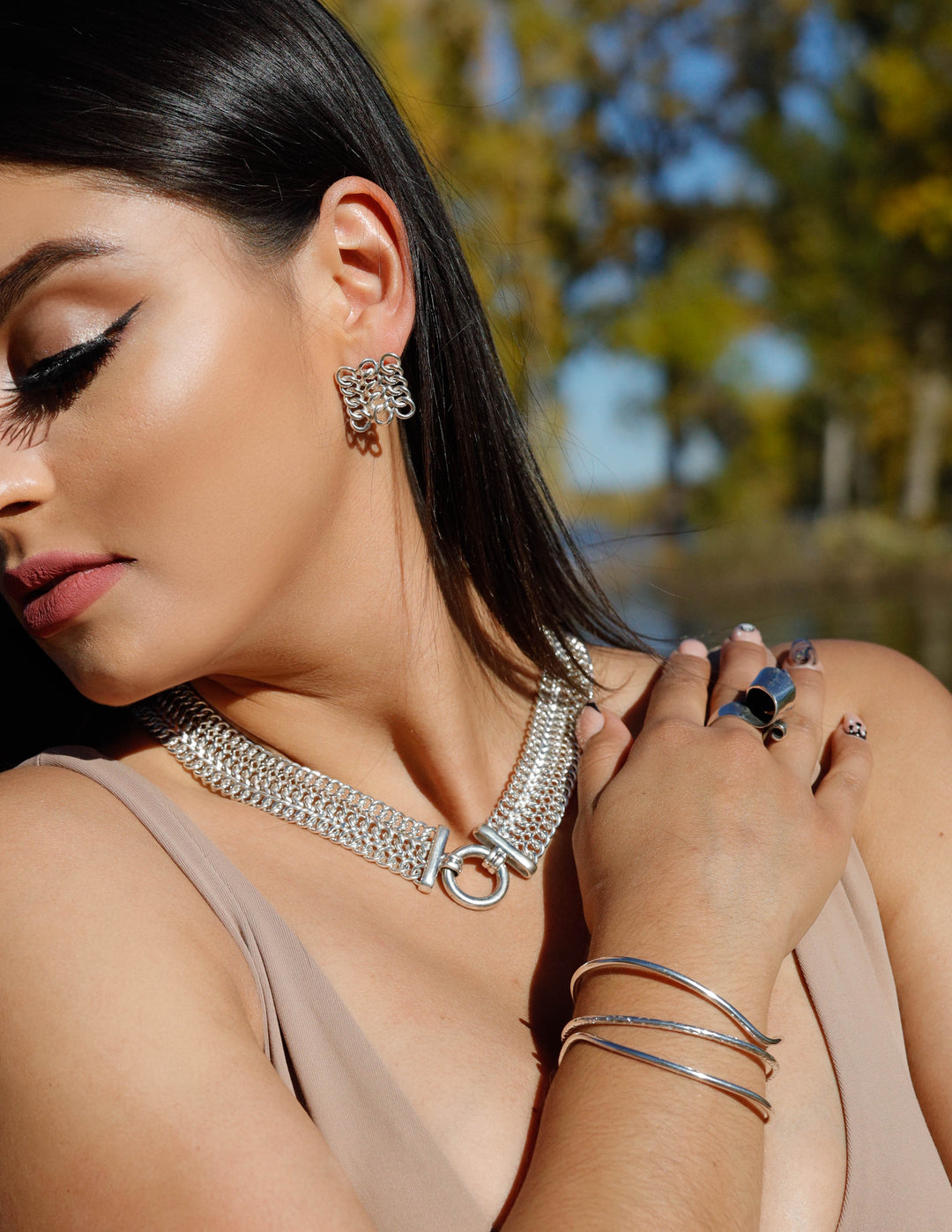 Circle Center Set of Necklace, Bracelet and Earrings on Model