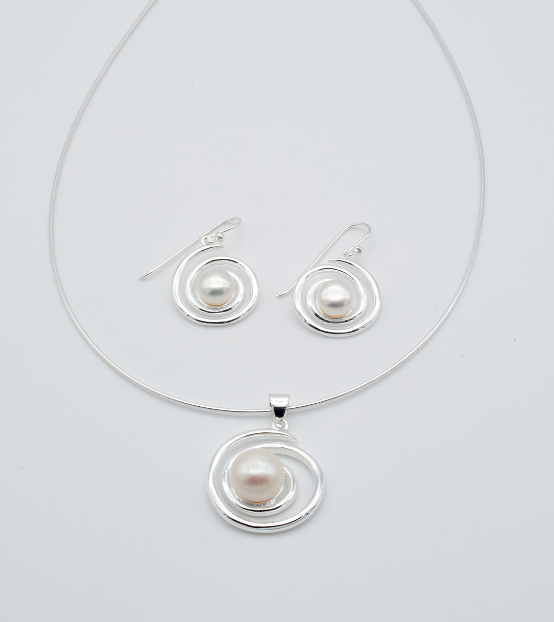 Coiled Silver Pearl Earrings and Pendant