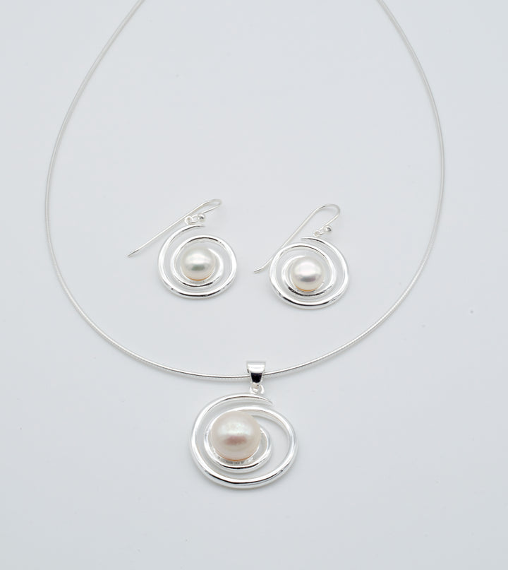 Coiled Silver Pearl Earrings and Pendant