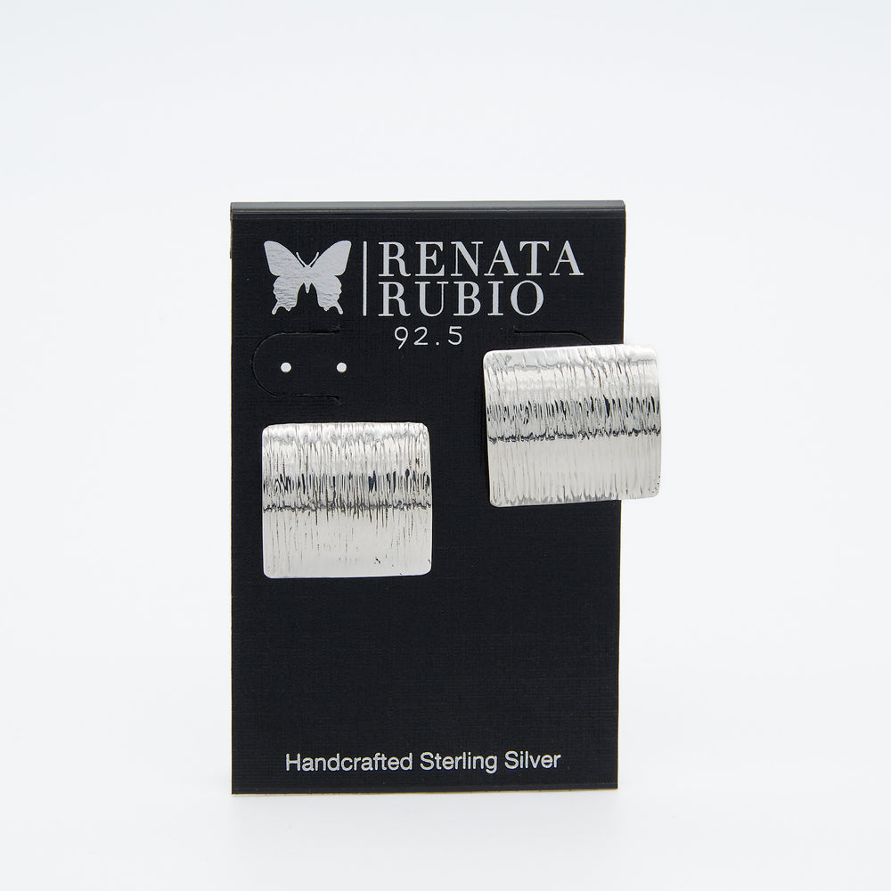 Curved rectangle sterling silver post earrings with lined texture, 20mm x 21mm, by Renata Rubio 92.5