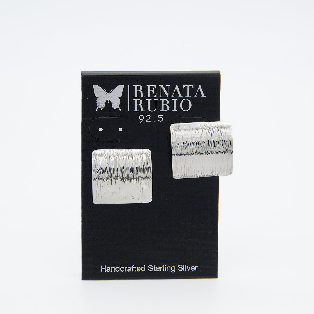 Curved rectangle sterling silver post earrings with lined texture, 20mm x 21mm, by Renata Rubio 92.5