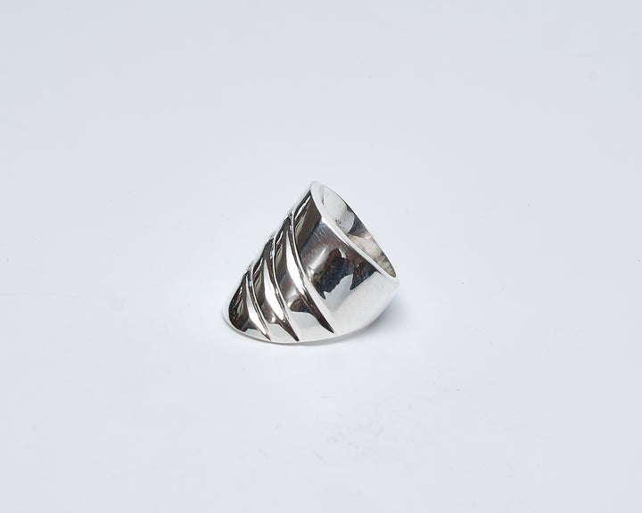 Curved Wide Silver Ring with Ridges