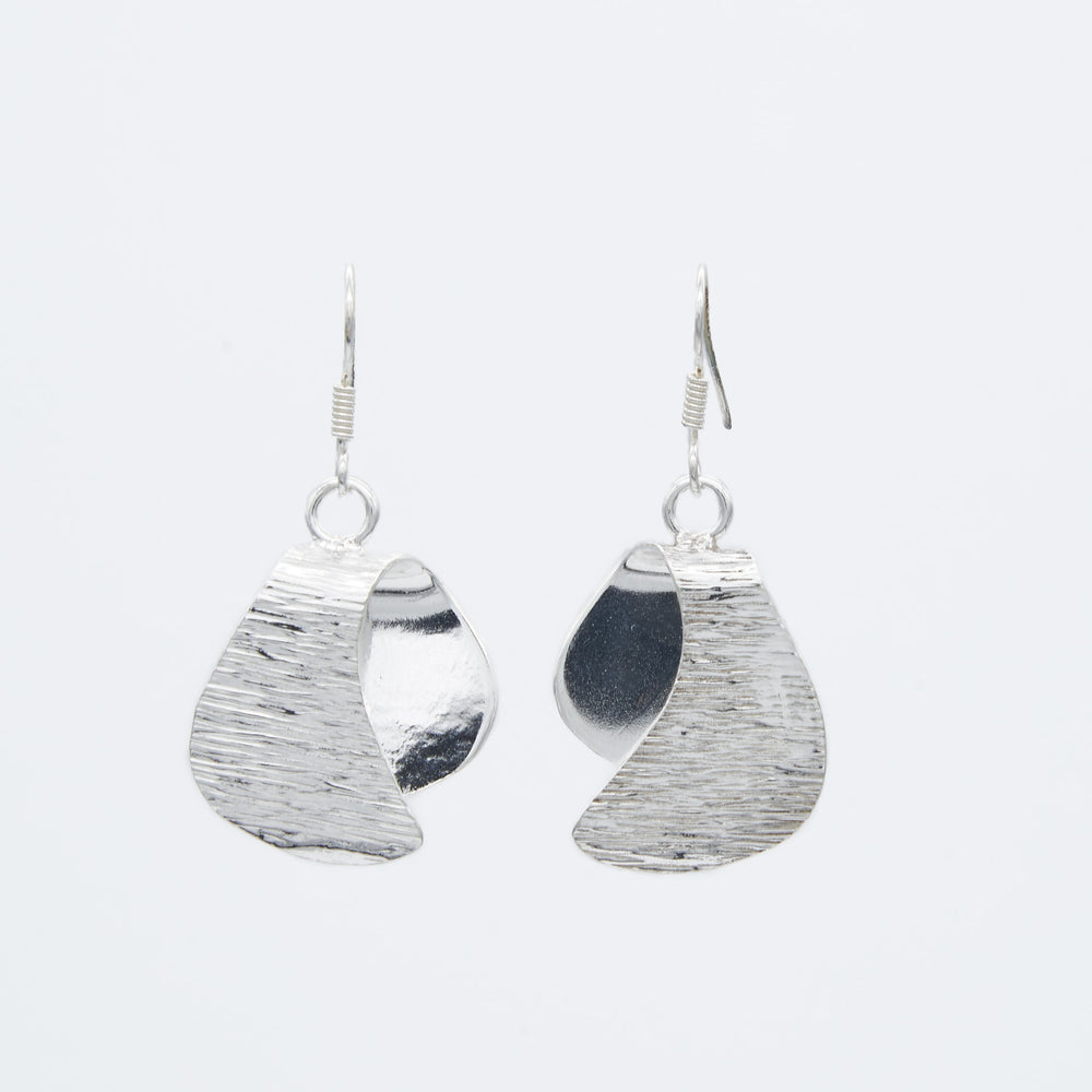 Curved ribbon sterling silver earrings with lined texture, 1.9" X 1" long, by Renata Rubio 92.5