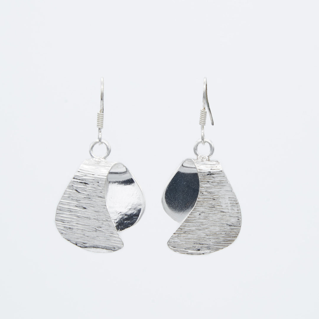 Curved ribbon sterling silver earrings with lined texture, 1.9" X 1" long, by Renata Rubio 92.5