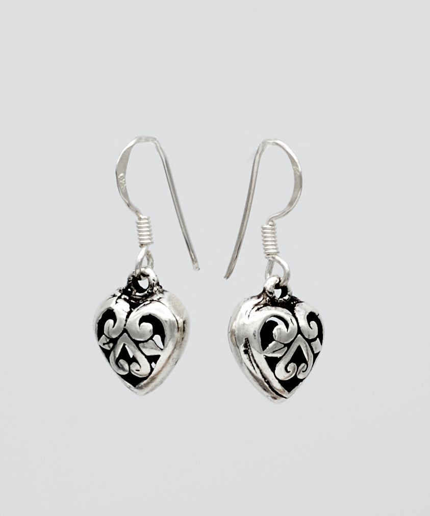 Double Heart Silver Dangle Earrings