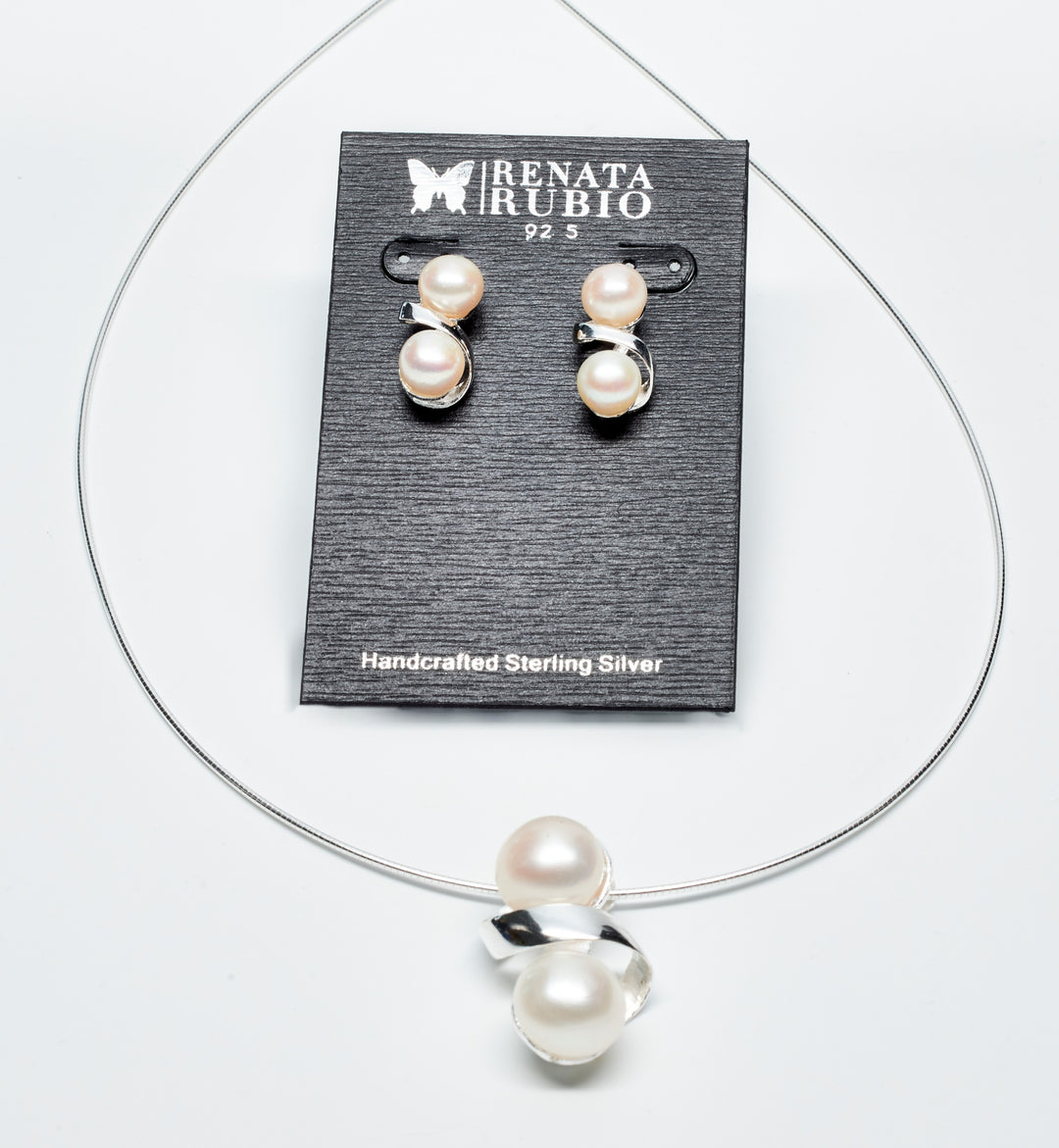 Swirled Silver Double Pearl Earrings and Pendant