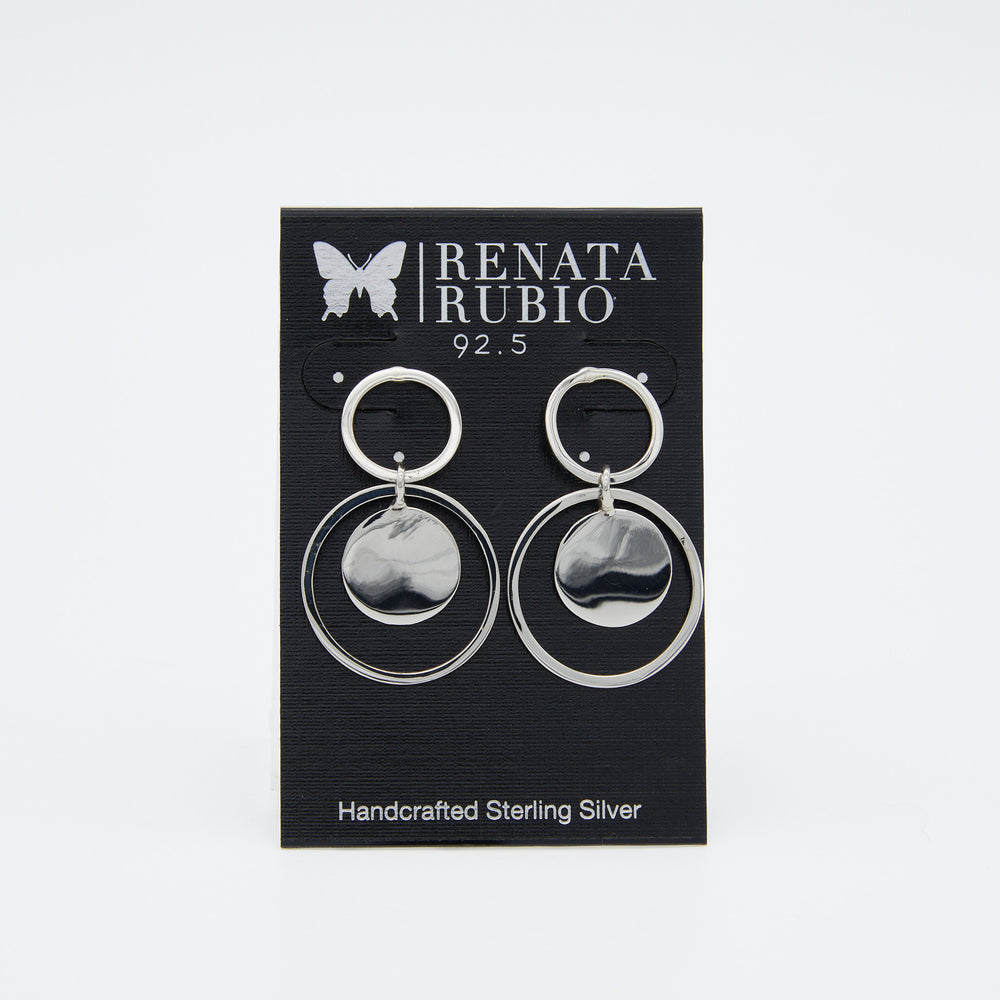 Double Circle Disc Sterling Silver Earrings by Renata Rubio, 1.5 inches long with polished disc inside two open circles