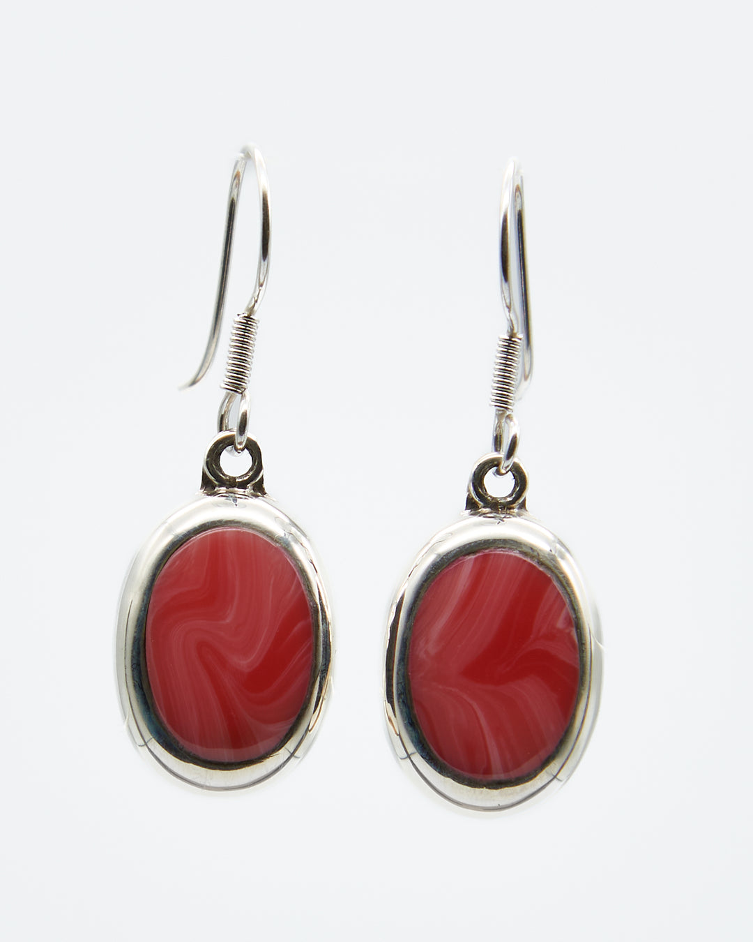 Oval Silver Earrings with Pink Coral