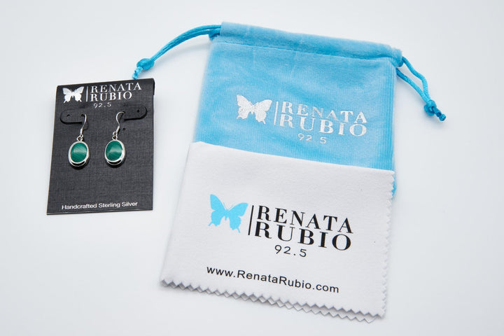 Sterling silver oval earrings with Malachite enamel faux stone. Artisan-crafted silver design by Renata Rubio 92.5