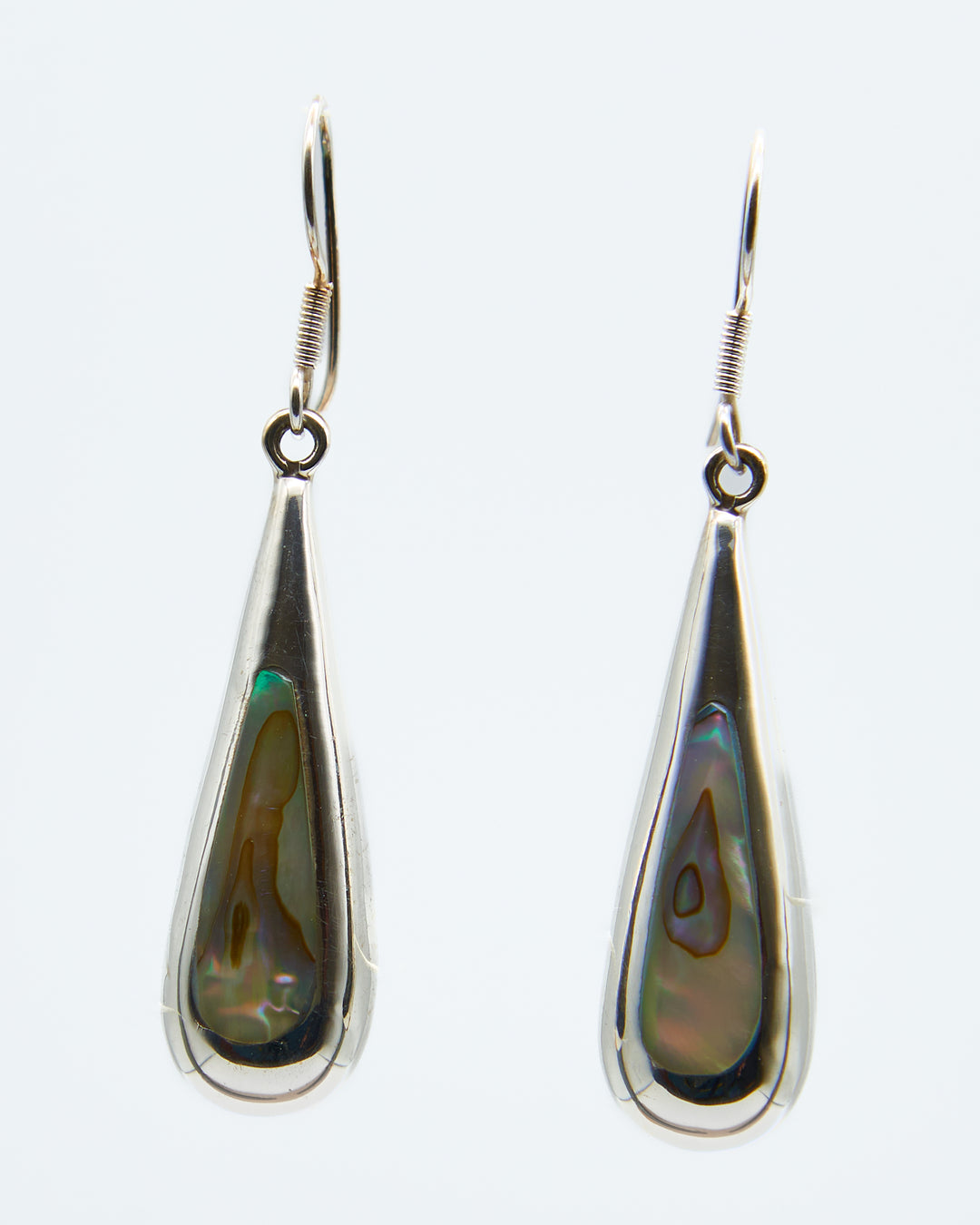 Long Silver Teardrop Dangle Earrings with Abalone Shell