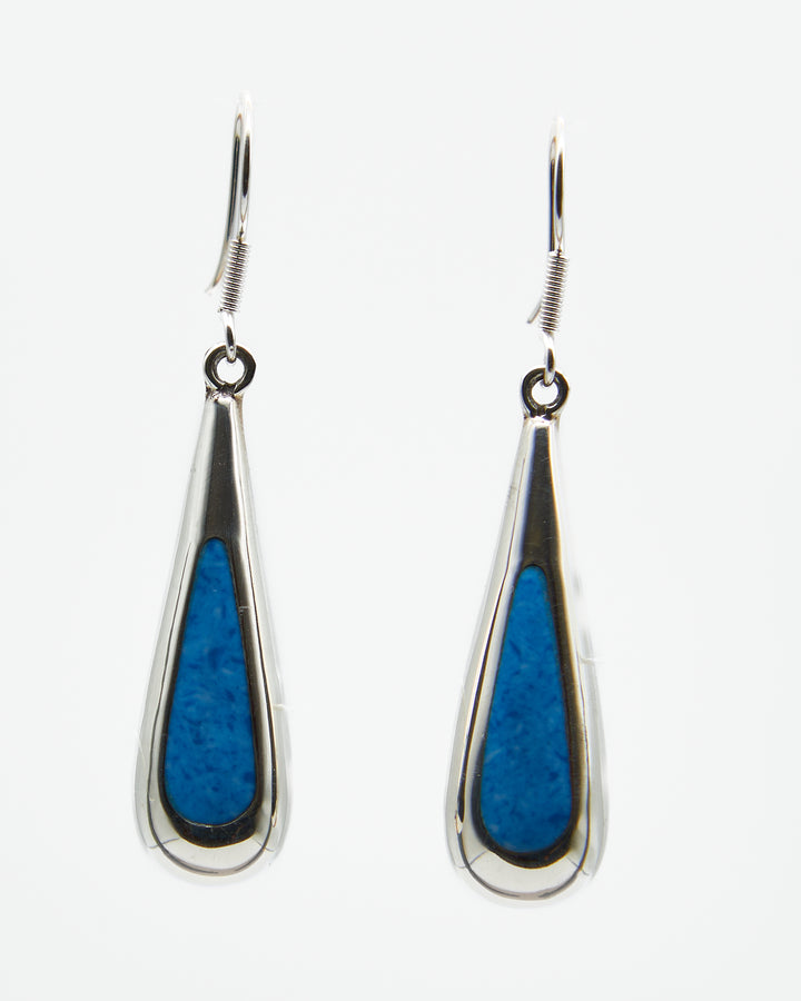 Long Silver Teardrop Dangle Earrings with Denim Lapiz