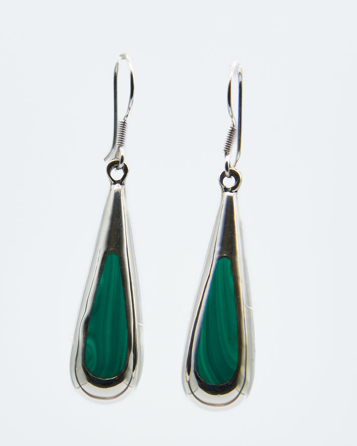 Long Silver Teardrop Dangle Earrings with Malachite