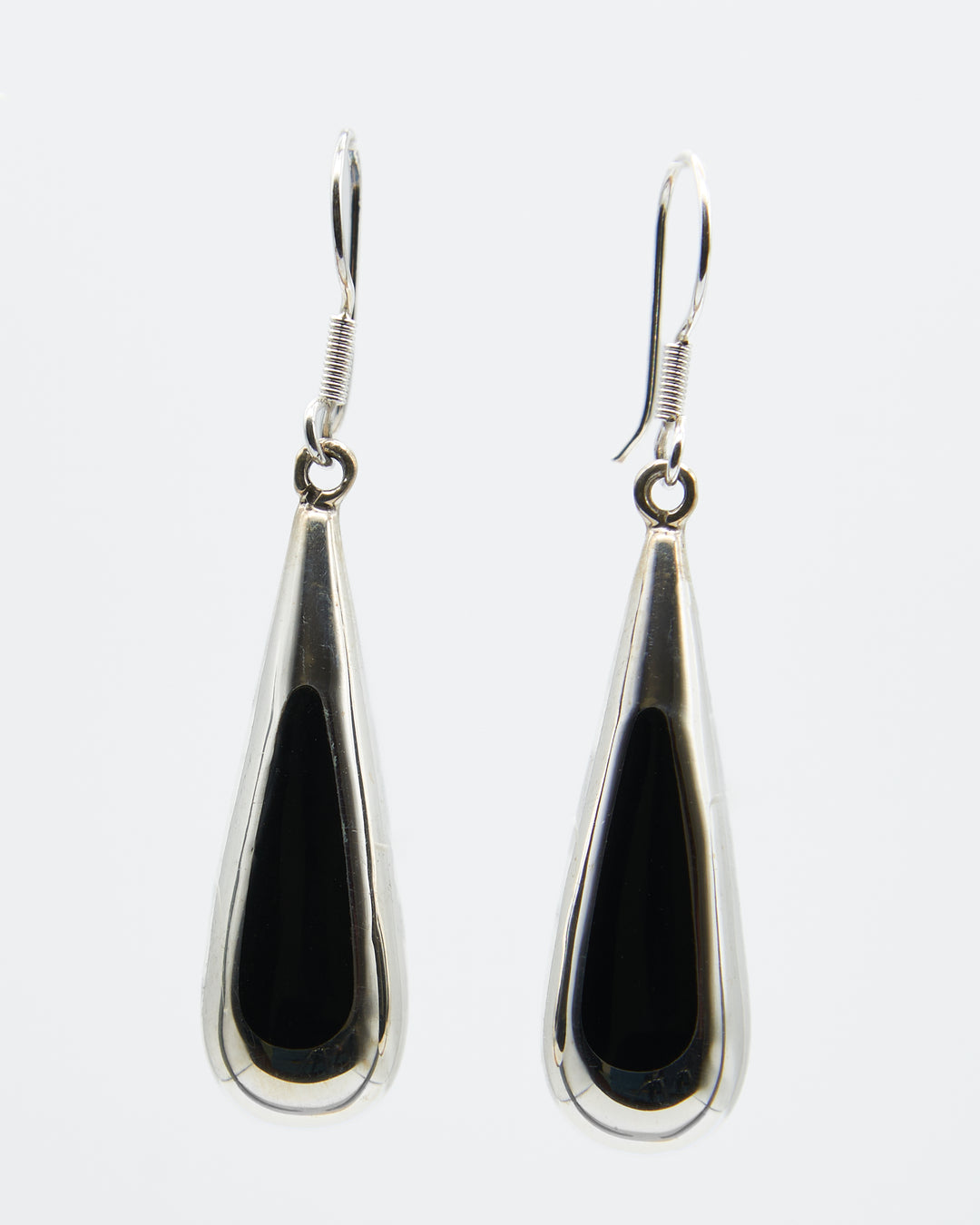 Long Silver Teardrop Dangle Earrings with Onyx