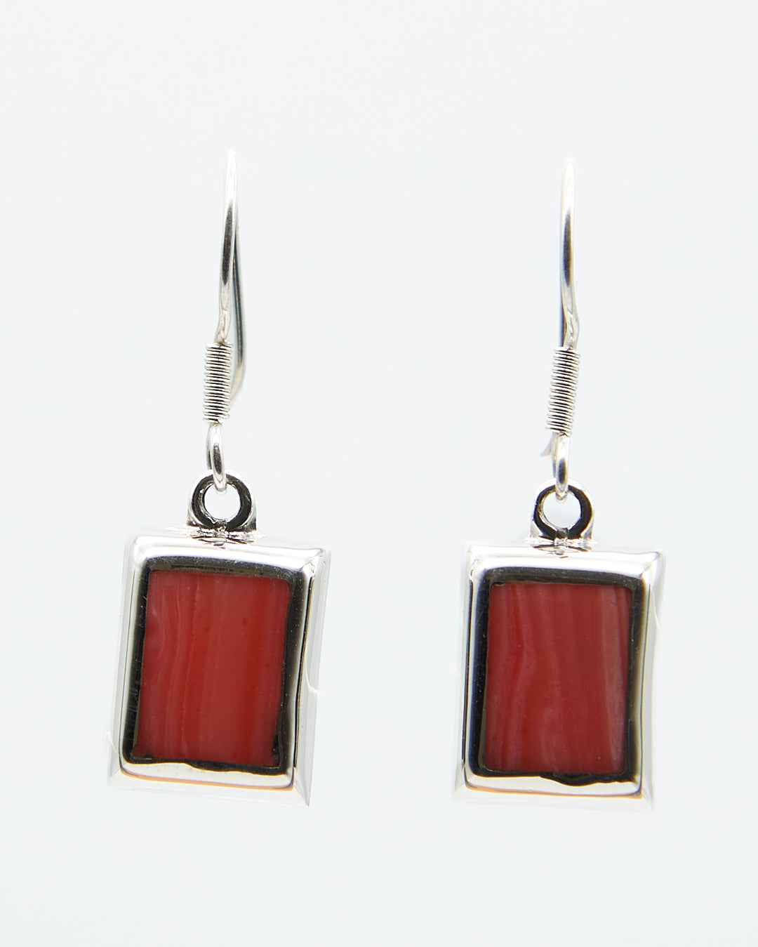 Rectangle Silver Earrings with Pink Coral