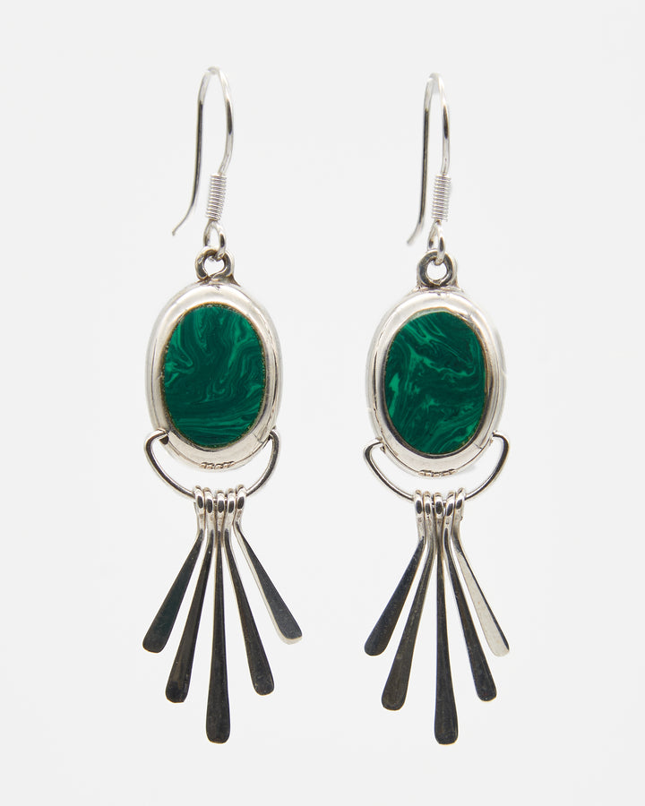 Fanned Silver Dangle Earrings with Malachite Enamel - Renata Rubio 92.5 - handmade sterling silver jewelry with lifetime warranty