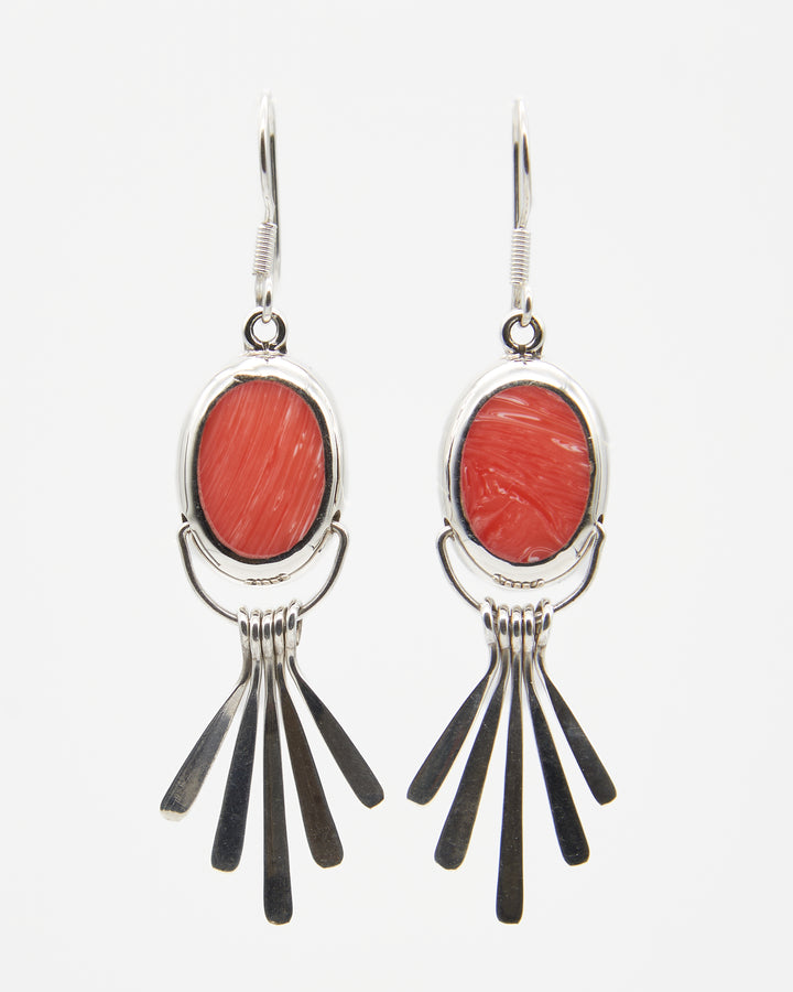 Fanned Silver Dangle Earrings with Pink Coral Enamel - Renata Rubio 92.5 - handmade sterling silver jewelry with lifetime warranty