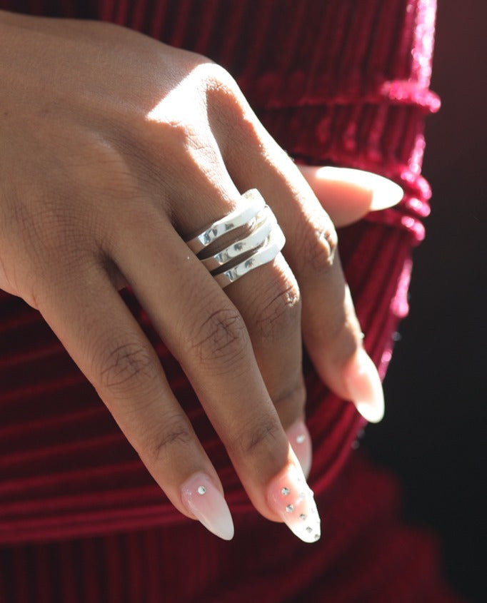 Hinged Triple Wave Silver Ring on Hand