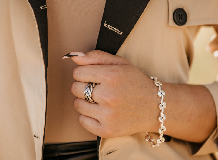 Oval and Wavy Silver Link Bracelet on Model