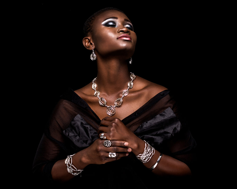 Labyrinth sterling silver set of necklace, dangle earrings and bracelet by Renata Rubio 92.5