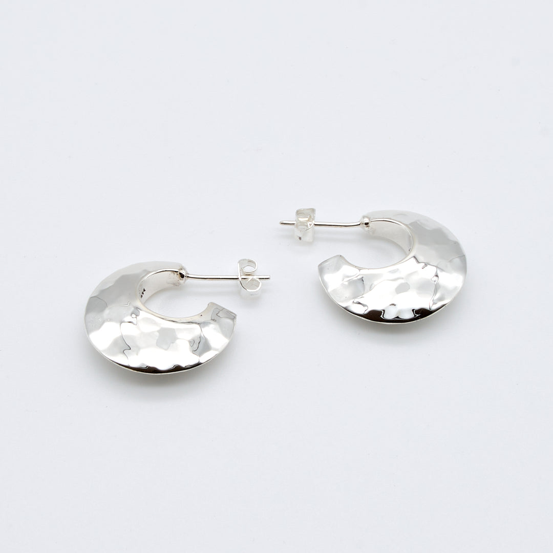 Large Pounded Silver Flying Saucer Hoop Earrings