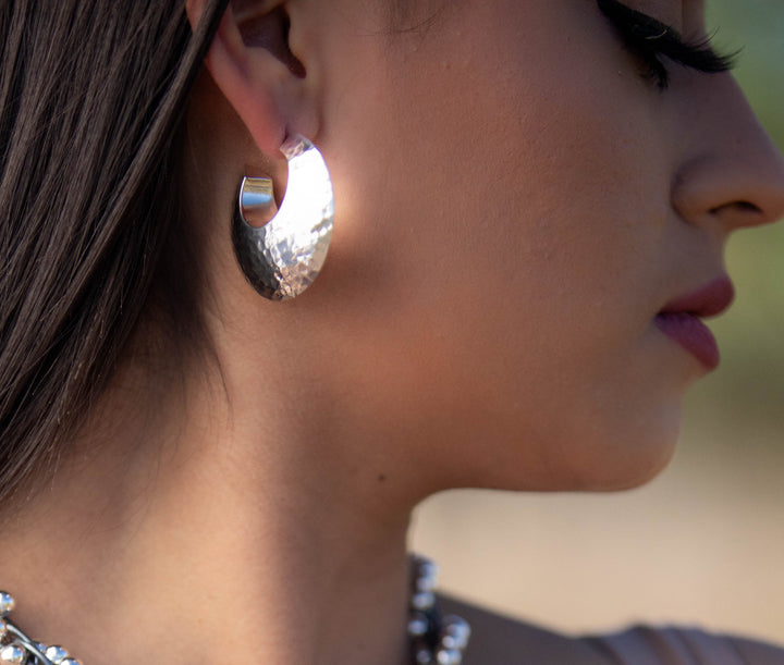 Large Pounded Silver Flying Saucer Hoop Earrings