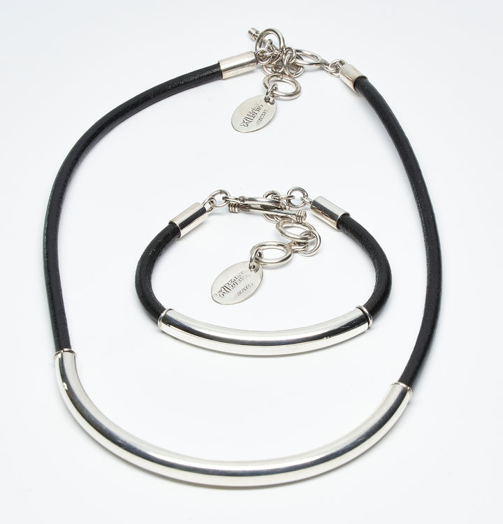 Silver Tube Leather Bracelet and Necklace Black