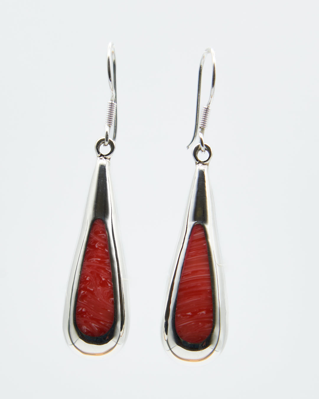 Sterling silver long teardrop dangle earrings with colorful pink coral enamel by Renata Rubio 92.5