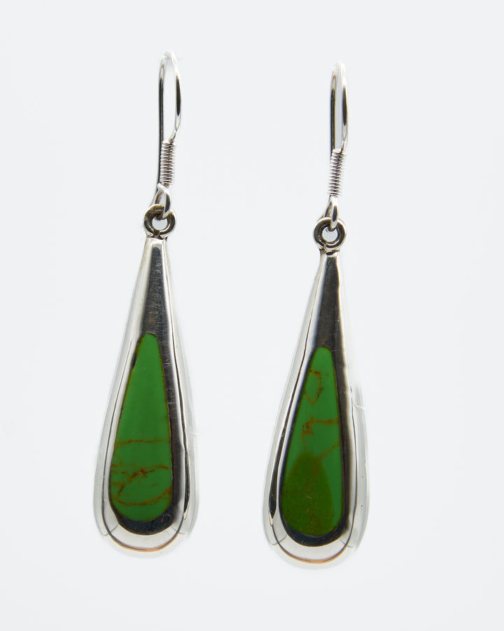 Sterling silver long teardrop dangle earrings with colorful gaspeite enamel by Renata Rubio 92.5