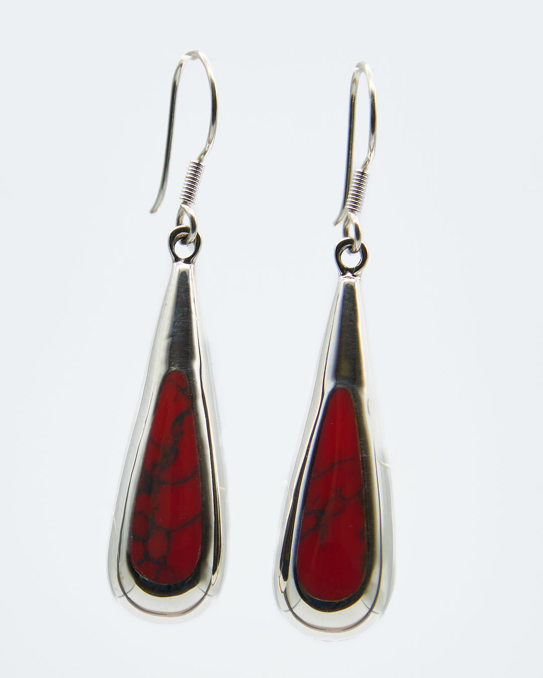 Sterling silver long teardrop dangle earrings with colorful red jasper enamel by Renata Rubio 92.5