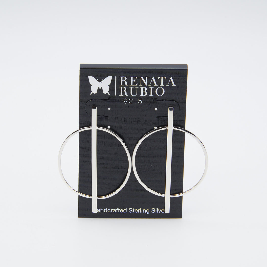 Renata Rubio 92.5 Modern Line & Circle Sterling Silver Earrings — minimalist bar intersecting circle, handcrafted in Taxco, Mexico.