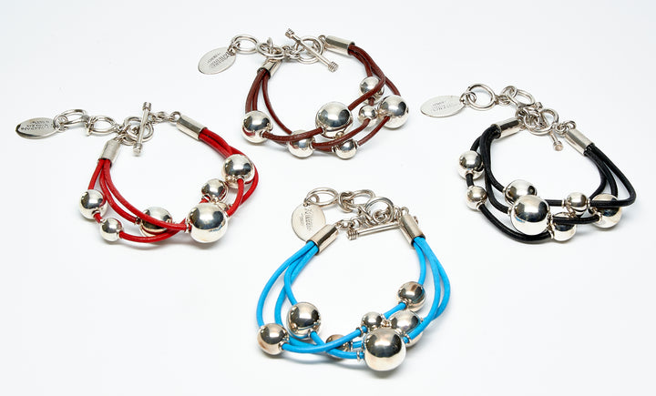 Multi Leather Strand Silver Bead Bracelets