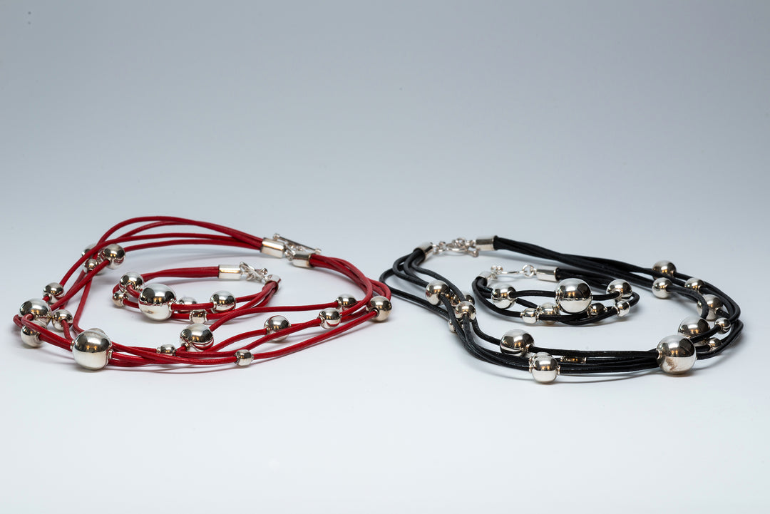 Multi Leather Strand Silver Bead Bracelets - Renata Rubio 92.5 - BED321