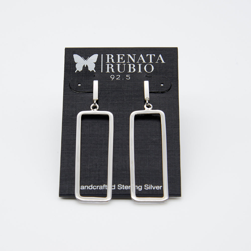 Open Rectangle Sterling Silver Post Earrings by Renata Rubio, 2.3 inches long with minimalist modern design
