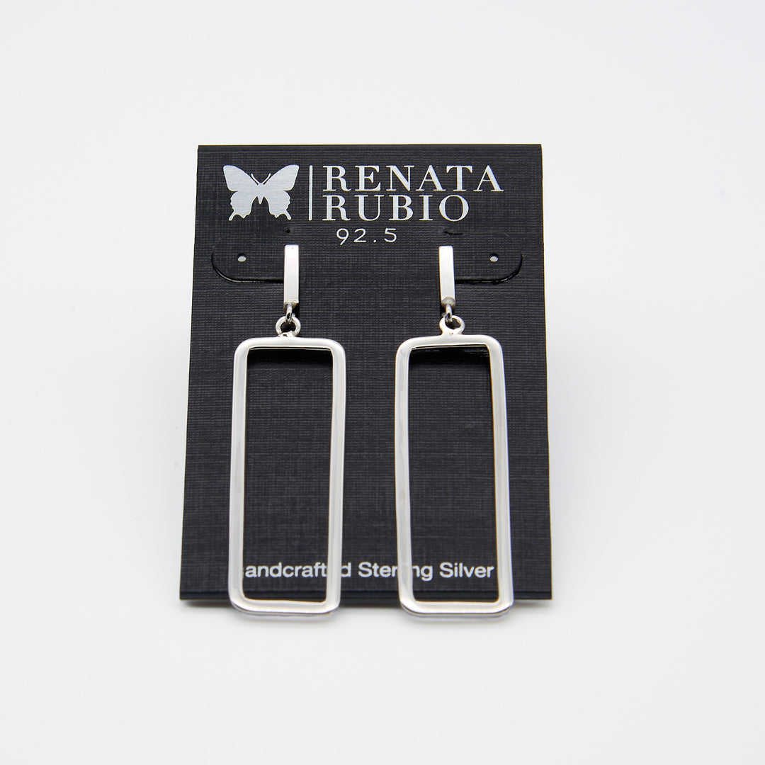 Open Rectangle Sterling Silver Post Earrings by Renata Rubio, 2.3 inches long with minimalist modern design