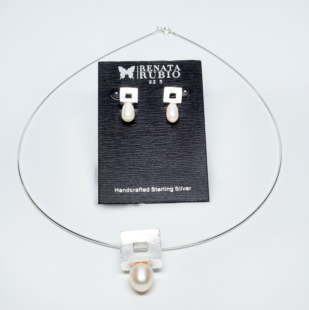Open Silver Square Pearl Earrings and Pendant