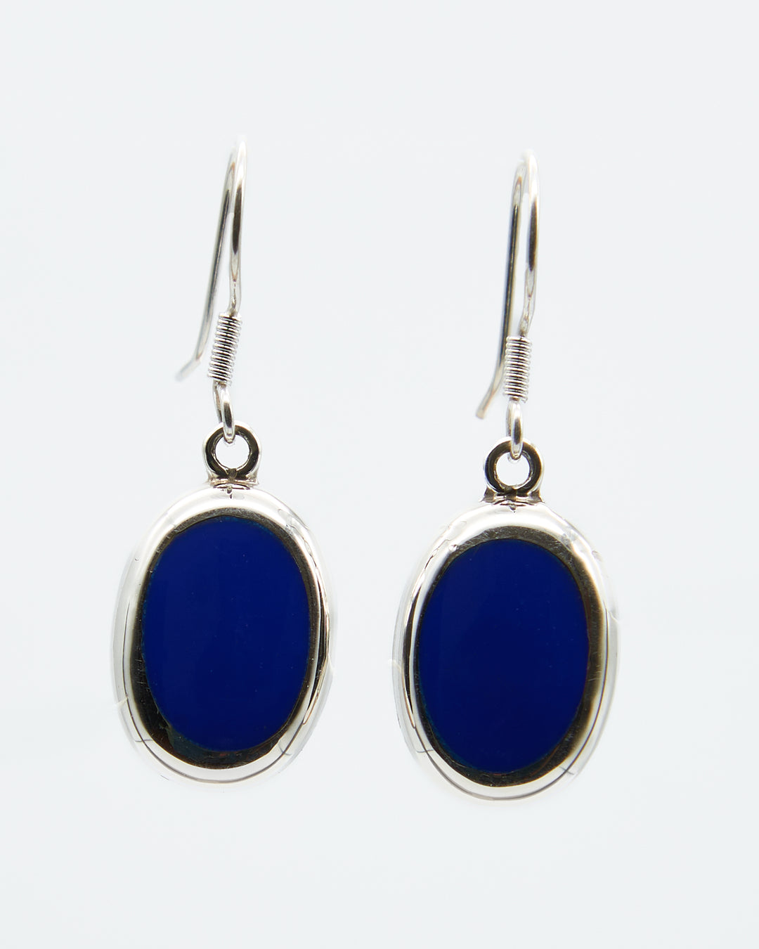 Sterling silver oval earrings with Lapis enamel faux stone. Artisan-crafted silver design by Renata Rubio 92.5