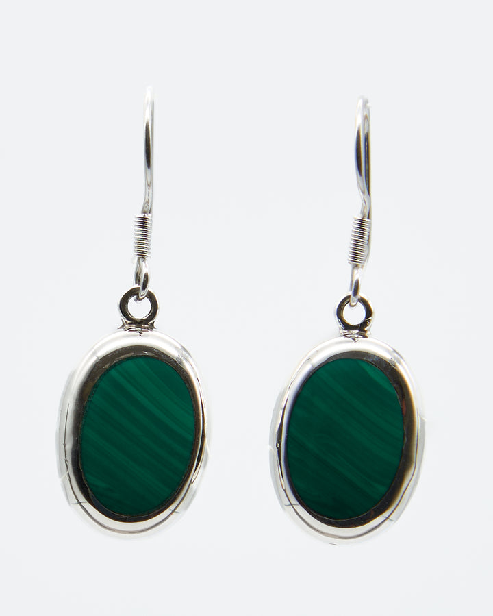 Sterling silver oval earrings with Malachite enamel faux stone. Artisan-crafted silver design by Renata Rubio 92.5