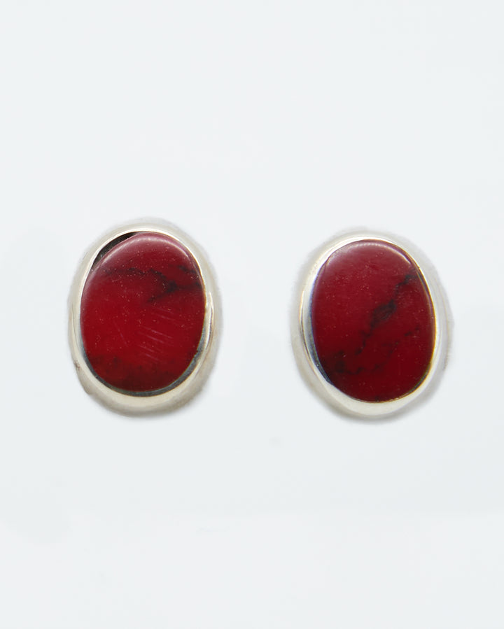 Oval Silver Studs with Enamel Red Jasper - Renata Rubio 92.5 - handmade sterling silver jewelry with lifetime warranty