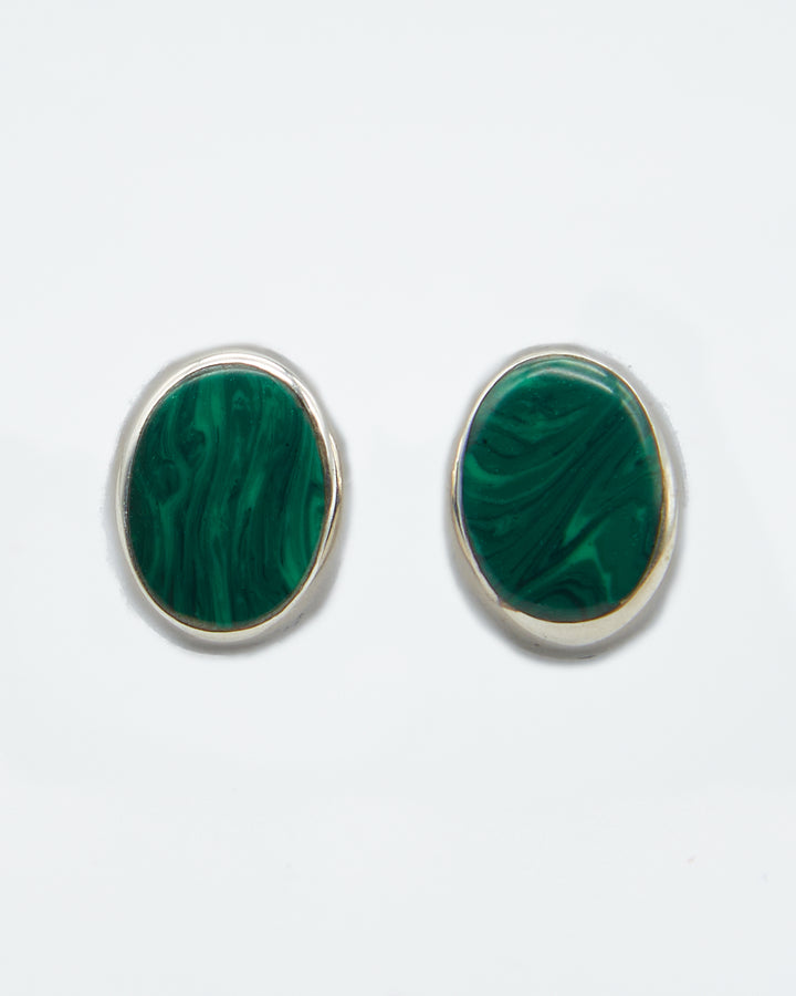 Oval Silver Studs with Enamel Malachite - Renata Rubio 92.5 - handmade sterling silver jewelry with lifetime warranty