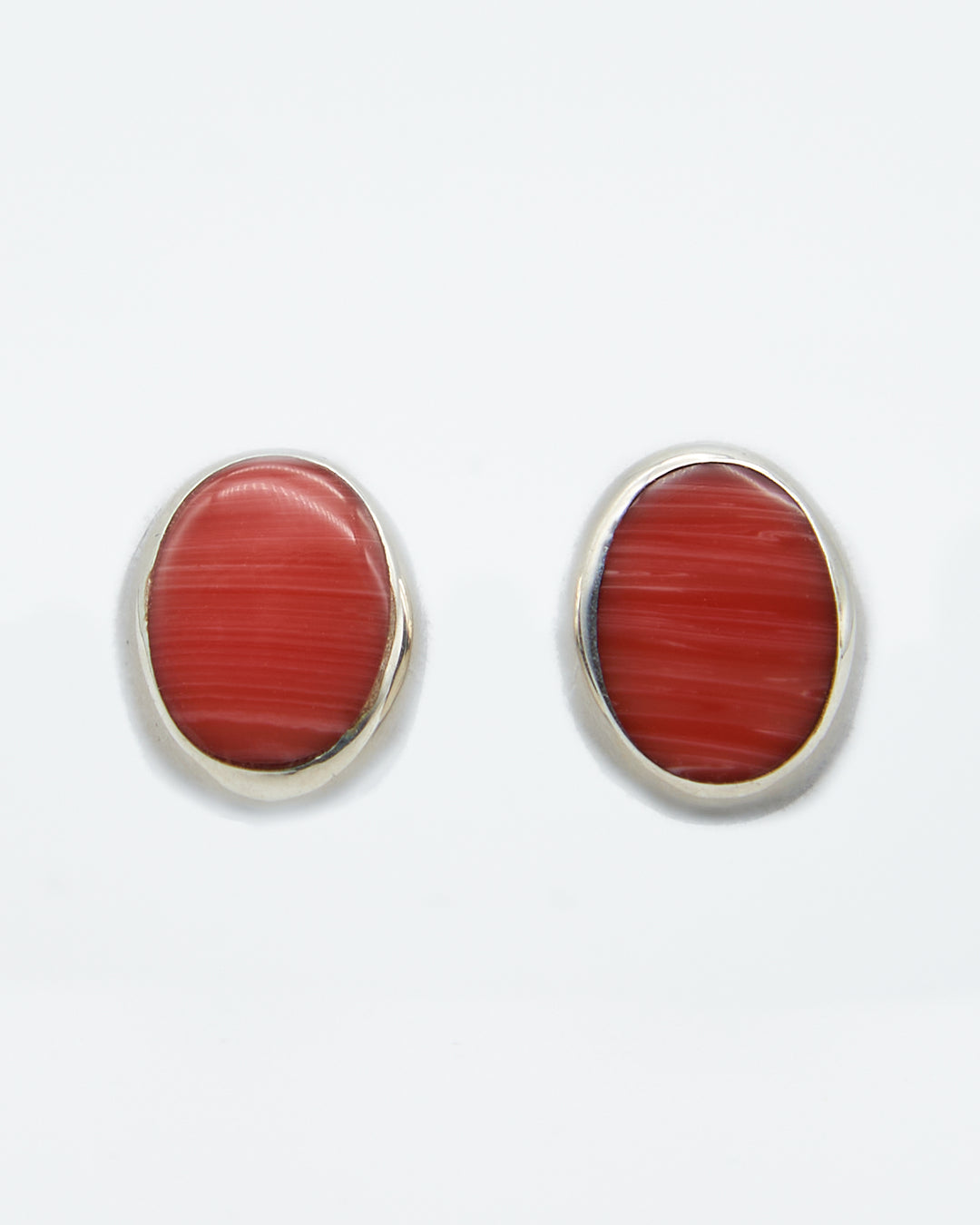 Oval Silver Studs with Enamel Pink Coral - Renata Rubio 92.5 - handmade sterling silver jewelry with lifetime warranty